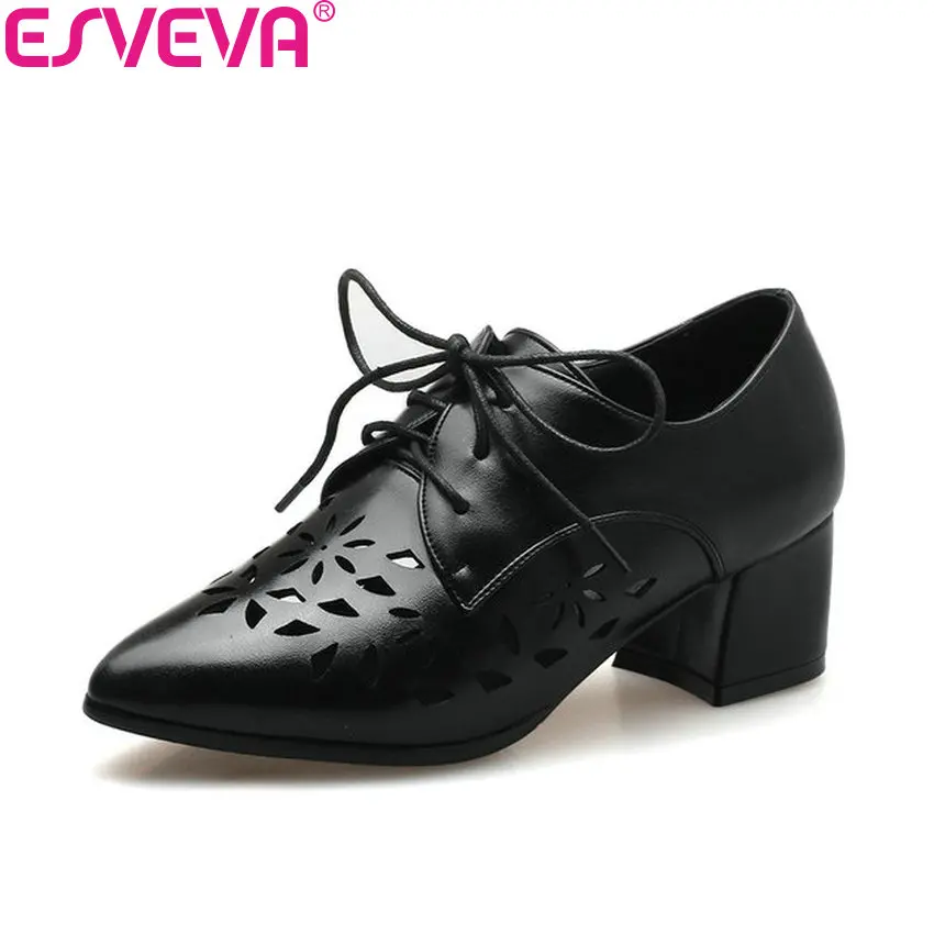 

ESVEVA 2018 Women Pumps Lace Up Embossed Leather PU Square High Heels Spring and Autumn Pointed Toe Pumps Women Shoes Size 34-43