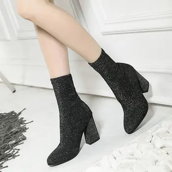

Thick Heel Stretch Boots Women Fashion High Heel Sock Boots 2020 Ladies Party Dress Round Toe Short Boots Fall Ankle Boots