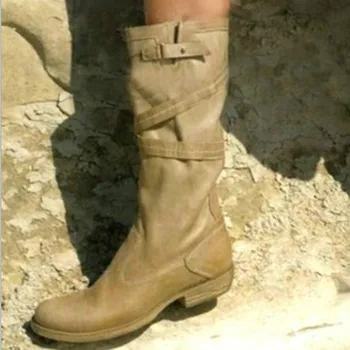 

Sapato Feminino Women mid-calf Boots Vintage Matin Shoes Woman Chunky Low Heels Spring Autumn Gladiator Chaussure Booties AB1188