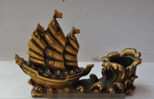 

S5417 9"Chinese Bronze Dynasty Palace Boat Ship statue Brush Pot Pencil vase