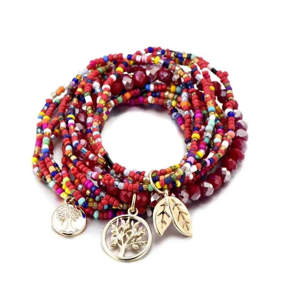 

Bohemian leaf charm beaded bracelet lady multi-layer crystal seed jewelry party fashion gift multicolor optional jewelry