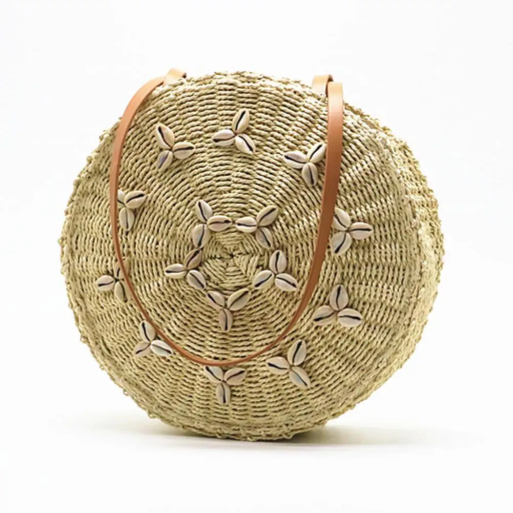 

Women Hand Straw Braided Woven Bag Shoulder Round Beach Messenger Crossbody Bags For Outdoor Holiday Travel Shell Handbag Bag