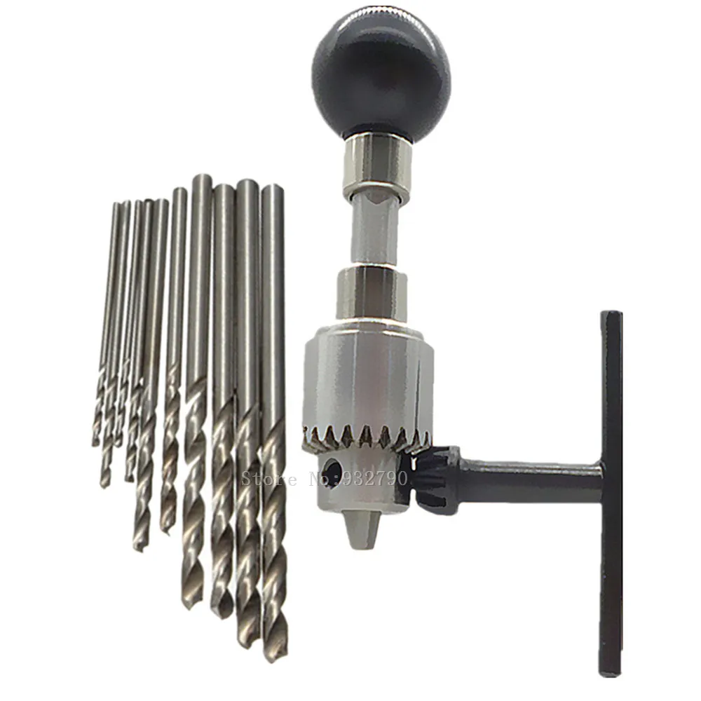 10pc Hss Twist Drill Bits W/ Mini Manual Hand Drill Chuck Twsit Micro
