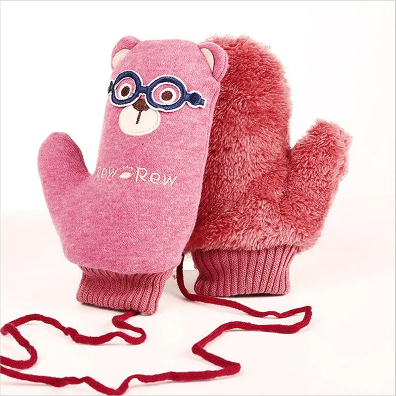 1 Pair Winter Girls Boys Cute Thick Gloves Mittens With String kids