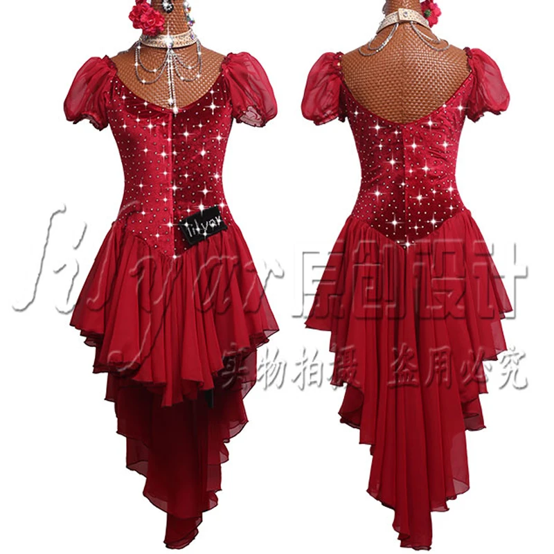 

2019 Latin Dance Dress For Female/Women/Girls Customize Red Velvet Salsa Dress Stage Competition Red Chiffon Latin Dress VDB159