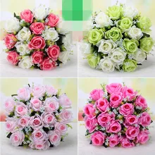 one Artificial Mint Green Rose Bounch Flower (18 heads/piece) Roses Flowers Plastics Rose for Wedding Bride Bouquet Floral Deco