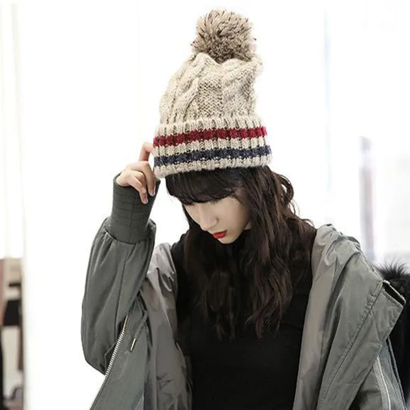

Autumn And Winter Women'S Wool Hat Korean Version Of The Striped Thickening Plus Velvet Ball Hemp Pattern Knitted Headgear Hat