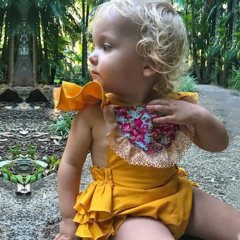 Summer Toddler Baby Girl Bodysuits Lace Floral Collar Tiered Back