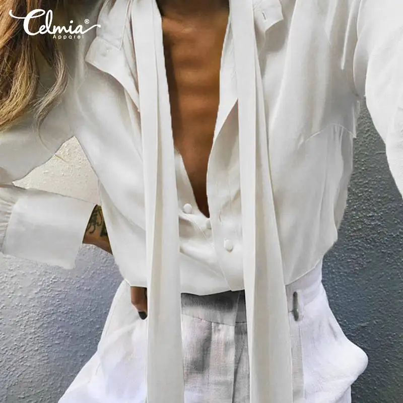 

2019 Top Fashion Sexy Women Office Blouses Celmia Long Sleeve Casual Bow Tie Solid Shirts Loose Work Blusas Femininas Plus Size