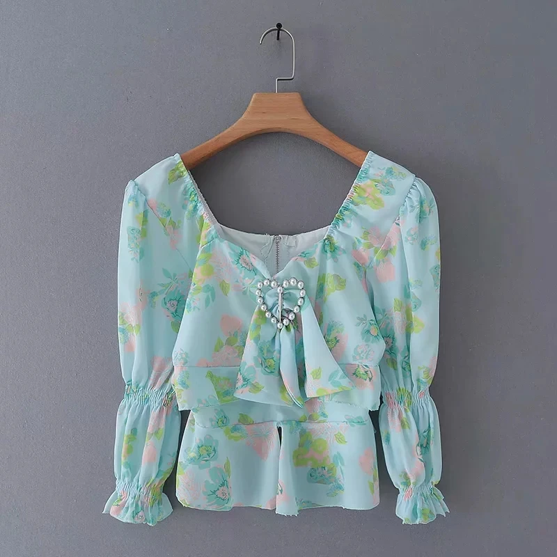 

Flower Printing Buckle Bowknot Decoration Women Short Shirt Female Leisure Puff Sleeve Blouse 2019 Summer Lady Tops S5999