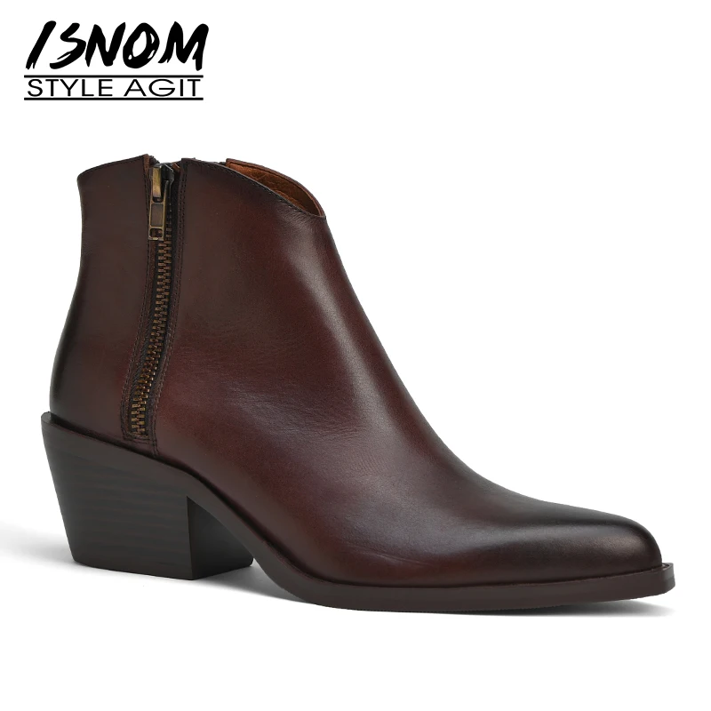 ISNOM Cow Leather Women Ankle Boots Pointed Toe Footwear Cuban High Heels Female Western Boot Fashion Shoes Woman Winter 2020