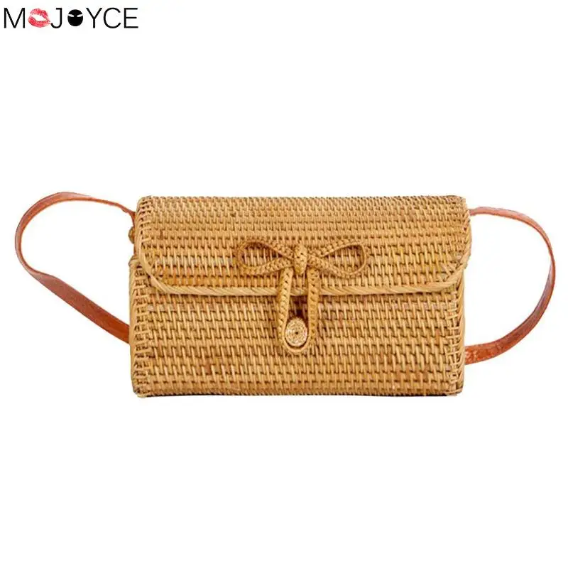 

Vintage Bag Rattan Woven Shoulder Bags Summer Beach Women Ladies Bowknot Flap Crossbody Bags Female Handbag Bolsa Feminina