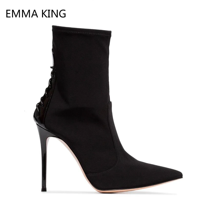 

Black Suede Lace-Up Women Boots Thin Heels Pointed Toe 2019 New Arrival Dress Party Shoes Ladies Ankle Boots Large Size 35-43