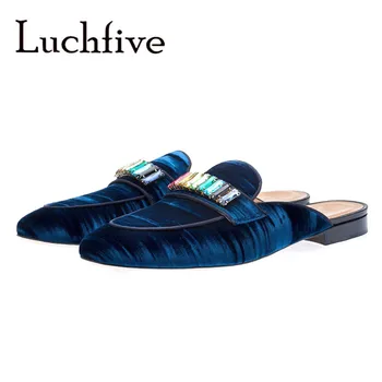 

2019 Men's Fashion Loafers Shoes Flat Mules Round Toe Embellished Rhinestone Velour Blue Dress Shoes