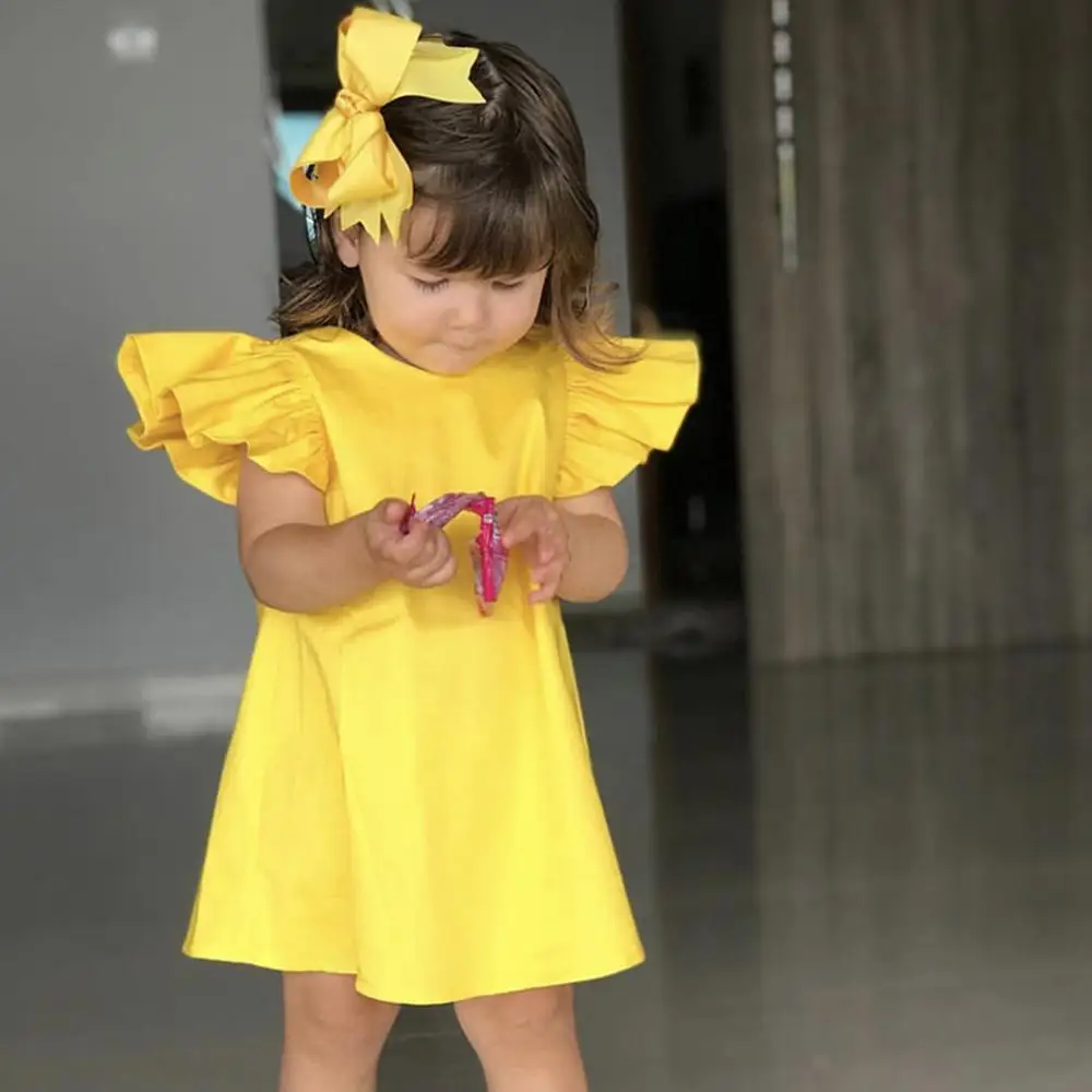 

Hot Sale Summer Princess Infant Baby Girls Fly Sleeve Solid Yellow Bow Loose Breathable Clothes Fashion Comfortable Dress Z22$