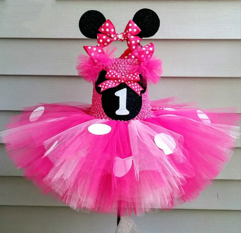 Girls Pink Mickey Tutu Dress Baby Crochet Tulle Dress with White Dots and Hairbow Kids Birthday Party Cartoon Cosplay girls dress