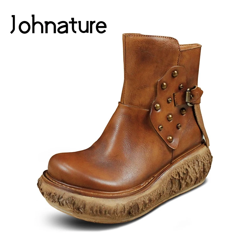 

Johnature 2019 New Retro Genuine Leather Round Toe Solid Rivet Equestrian High Heel Platform Ankle Boots For Women Wedges