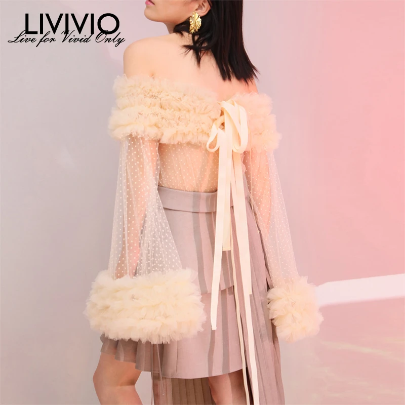 

[LIVIVIO] Ruffled Patchwork Polka Dot Flare Sleeve Slash Neck Off Shoulder Sheer Mesh Blouse Women Shirt 2019 Fashion Boho