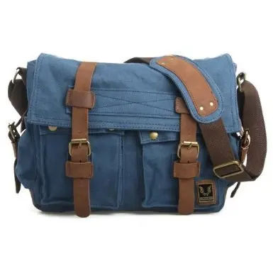 Unisex Vintage Large Canvas Messenger Bag School Shoulder Crossbody Bag Leather Trim Blue