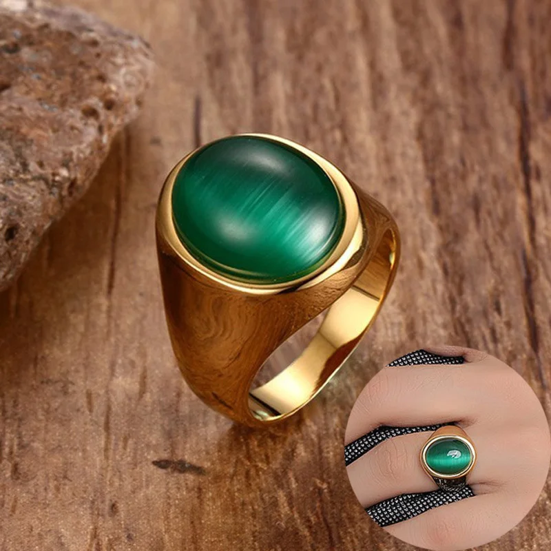

Vintage Cat's Eye Green Men Ring in Gold Tone Stainless Steel Cocktail Rings Anel Aneis Masculinos Anillos Male Accessories