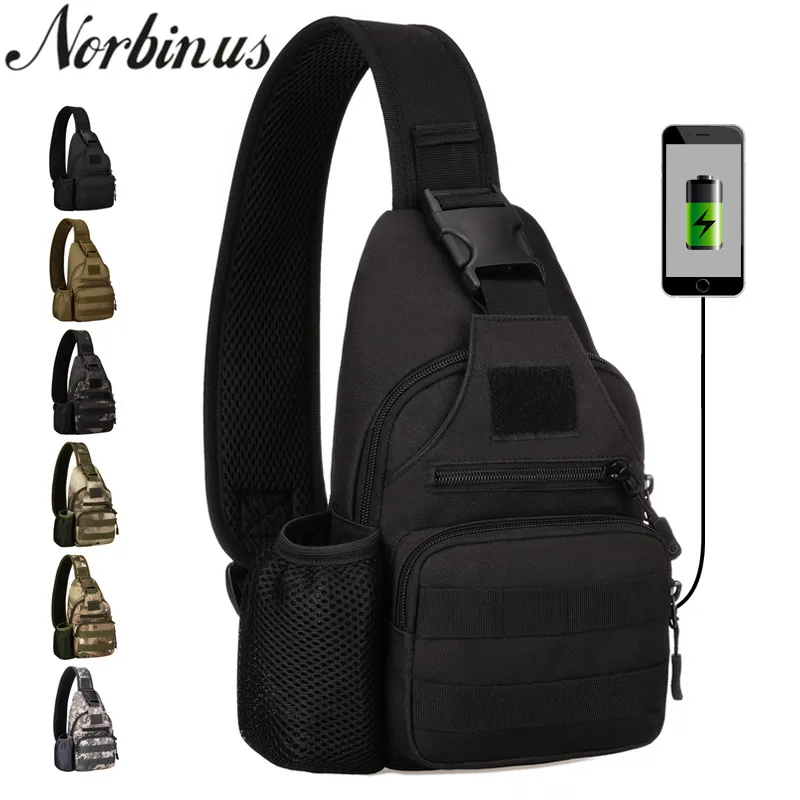 Norbinus النايلون الرجال الرافعة حقيبة صدر للرجال العسكرية الاعتداء الكتف Crossbody حقيبة الذكور السفر حقيبة زجاجات المياه شاحن يو اس بي الظهر