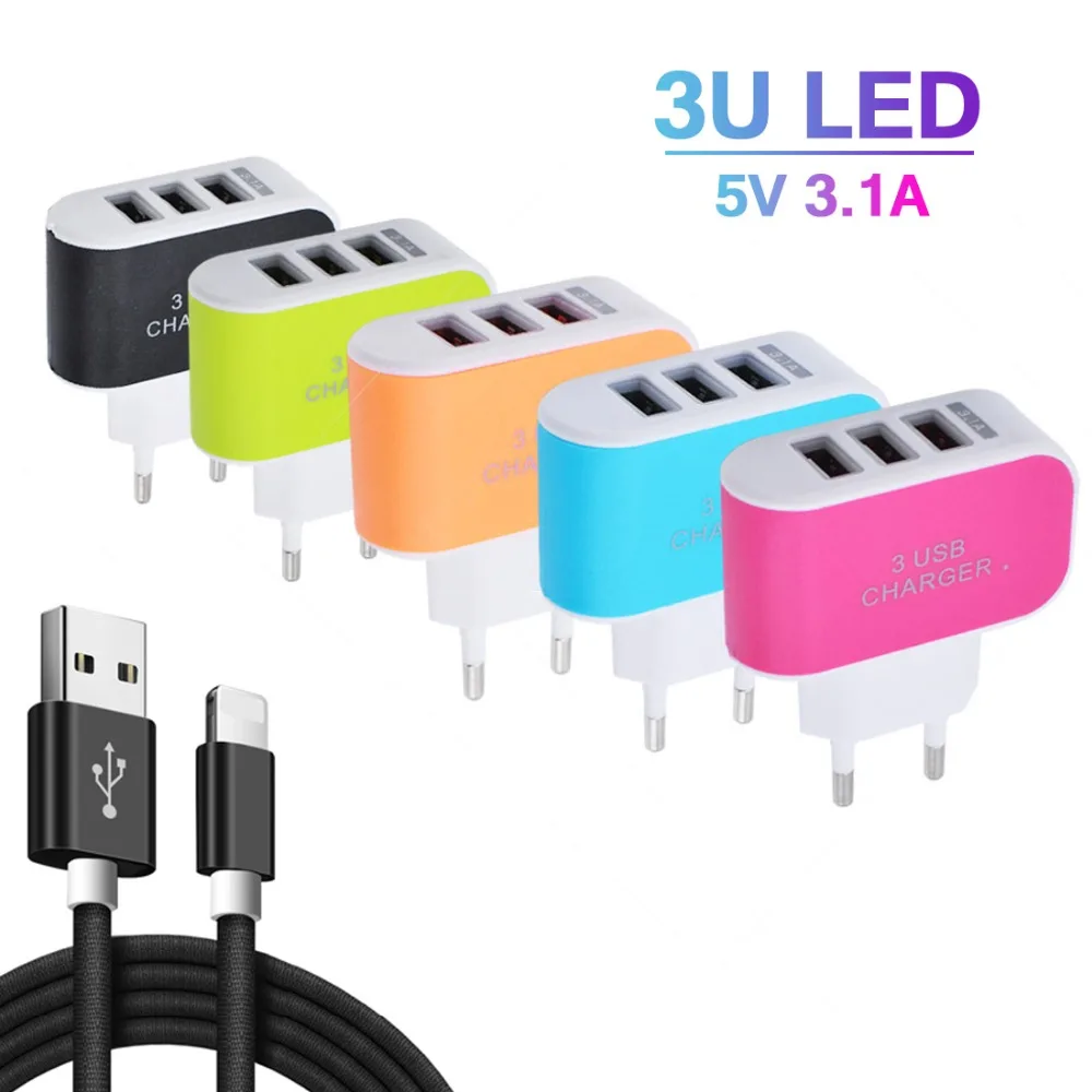 

Candy Color 5V 3.1A 3USB Port Home Travel AC Wall Power Charger Adapter USB Charger For EU Mobile Phone Tablet xiomi Micro Cable