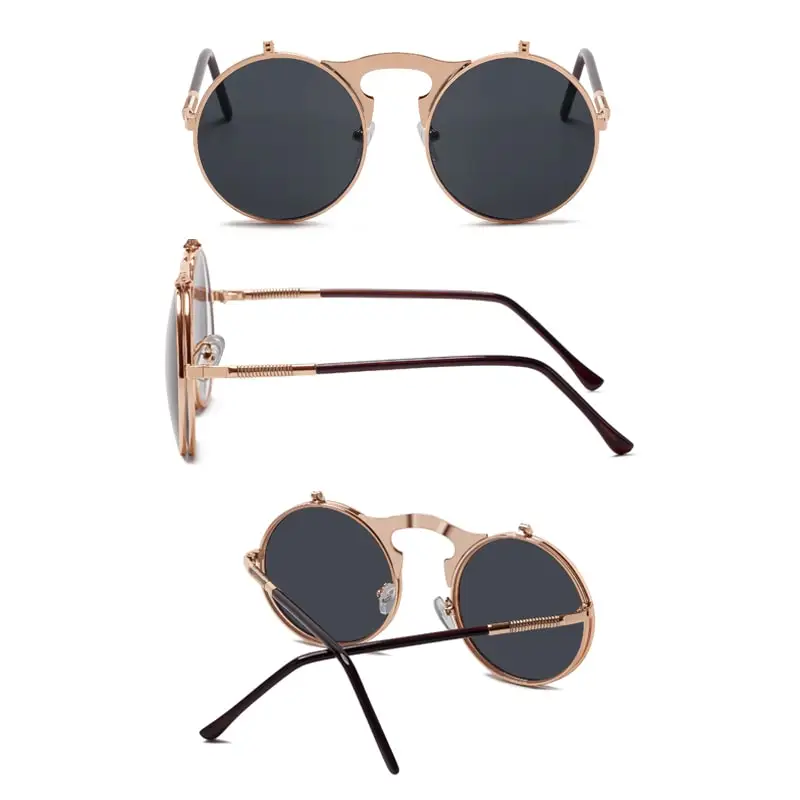 SPLOV Vintage Steampunk Flip Sunglasses Retro Round Metal Frame Sun for Men Women Brand Designer Circle Glasses Oculos_voghion.com