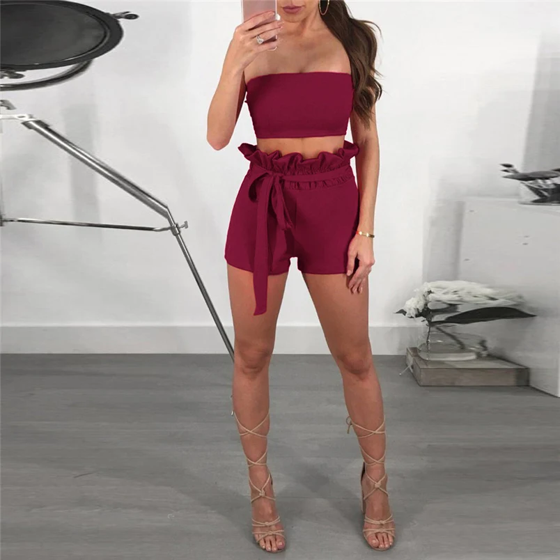 Sexy Women Summer New Brand Sets Solid Off The Shoulder Sleeveless Beach Hot Sale Vest Blouse + Shorts Two-Piece Outfit #J25 (10)