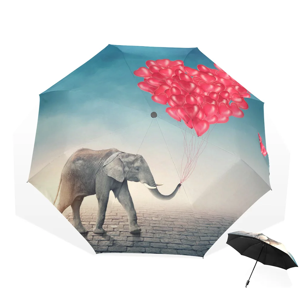 Creative Elephant with Red Hert Balloons Three Folding Women Umbrella