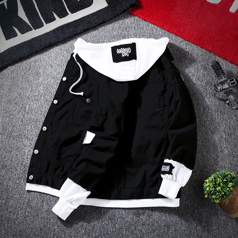 Ripped Denim Jacket Hoodie Men Hip Hop 