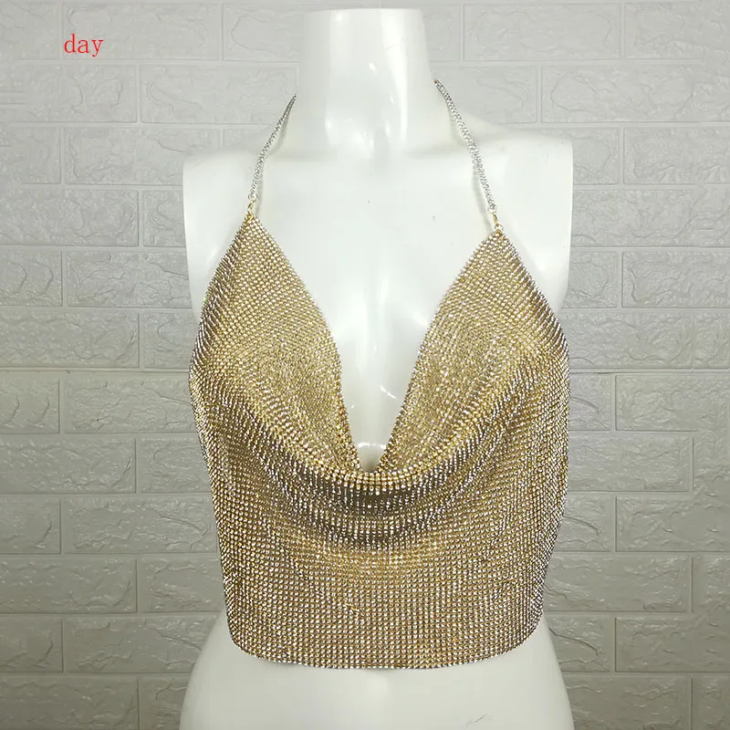  Crystal Mesh Tank Top Womens Diamond Metal Crop Top 2019 summer Beach Sexy Gold Sparkly Sequin Drap