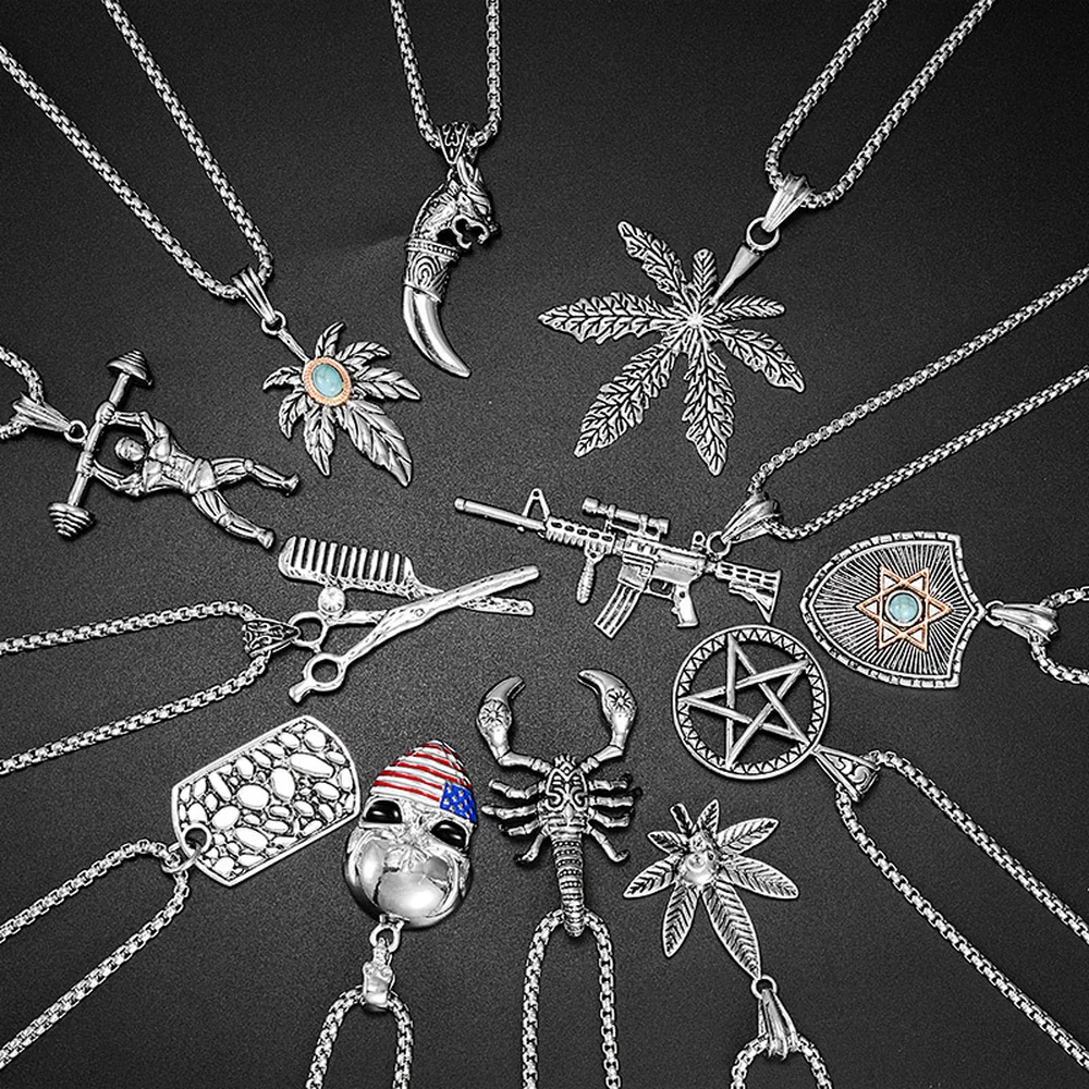 

Personality Hipster Jewelry Leaves Spikes Six Stars The Skeleton Stainless Steel Pendant Hip Hop Wind Titanium Steel Necklace