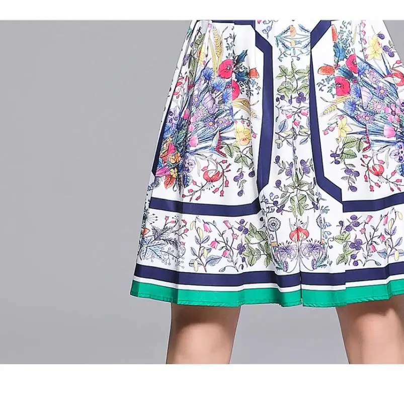 European women's wear 2018 The new summer With short sleeves lapel Stripe edge Floral print shirt + Pleated skirt  printing suit