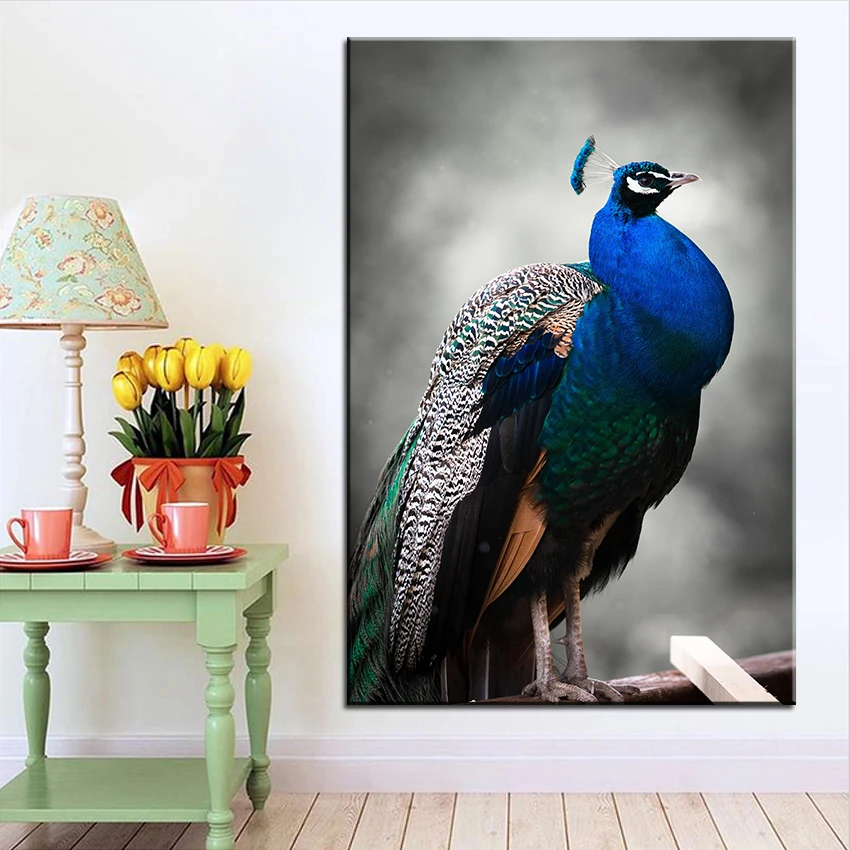 Large size Printing Oil Painting peacock bird blue Wall ...