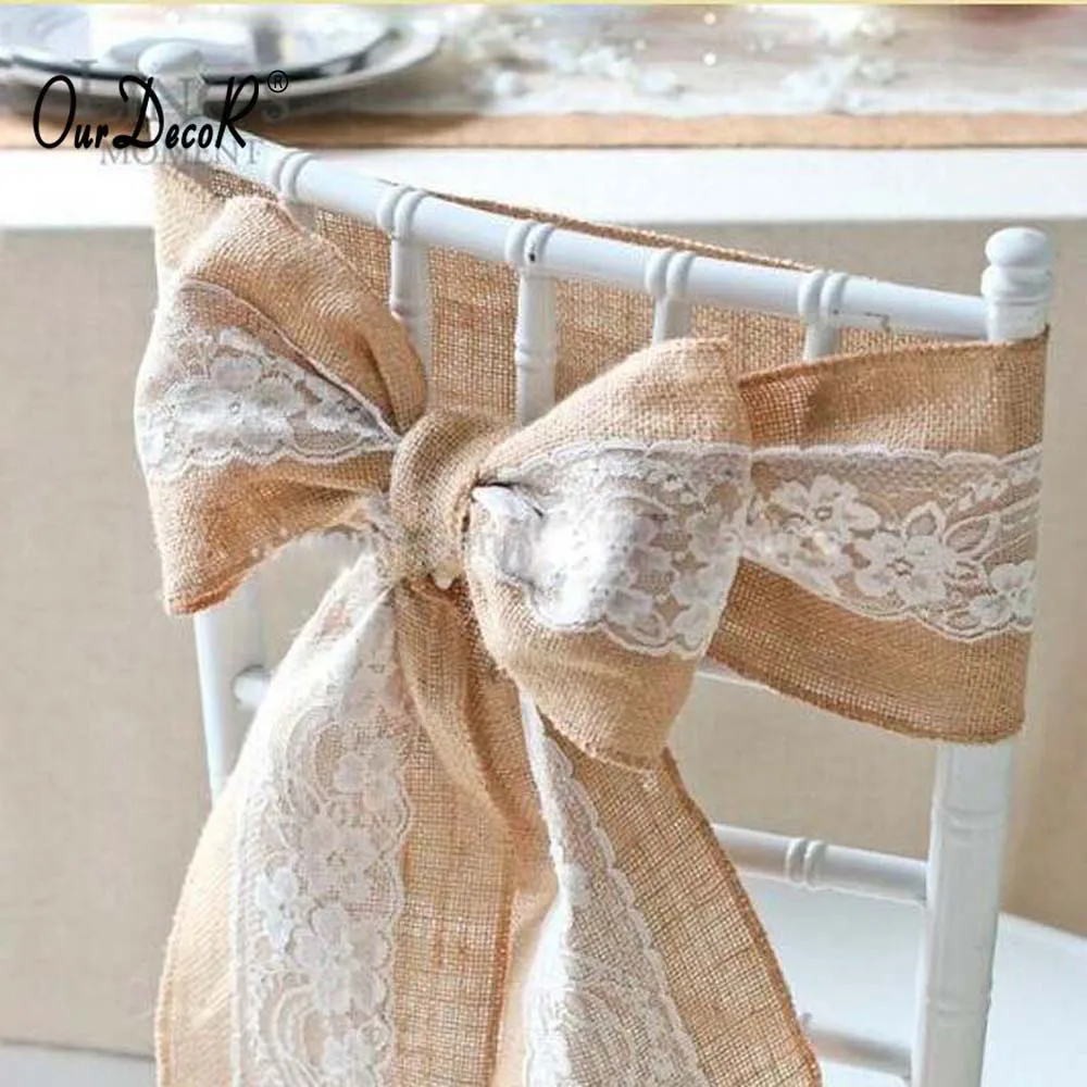 5 Pcs/lot Vintage Burlap Lace Embroidery Chair Sashes Jute Ribbon