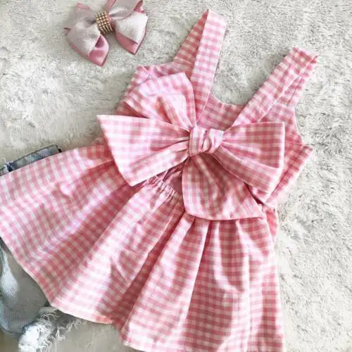 Летние вечерние платья в клетку с бантом для маленьких девочек повседневная одежда От 1 до 6 лет