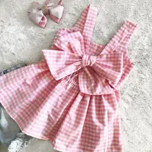 Летние вечерние платья в клетку с бантом для маленьких девочек повседневная одежда От 1 до 6 лет