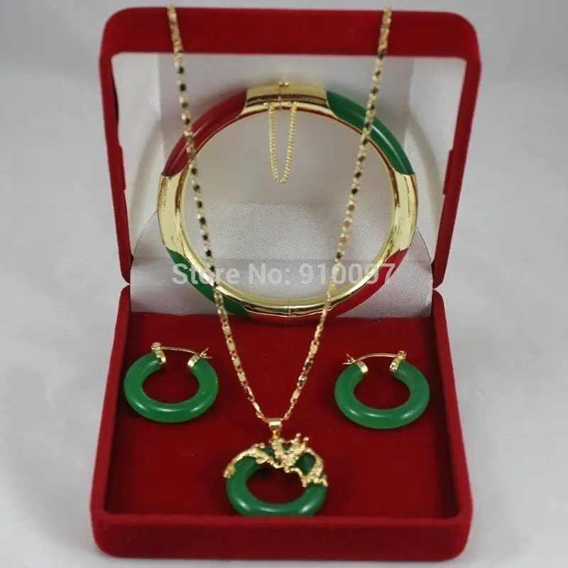 

LHX54016>>>>>genuine Natural Enamel jade dragon pendant earrings bracelet set