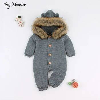 

Infants Baby Winter Hooded Sweater Romper Newborn Fur Collar Knitted Cardigan Baby Boys Girls Christmas Jumpsuit Clothes