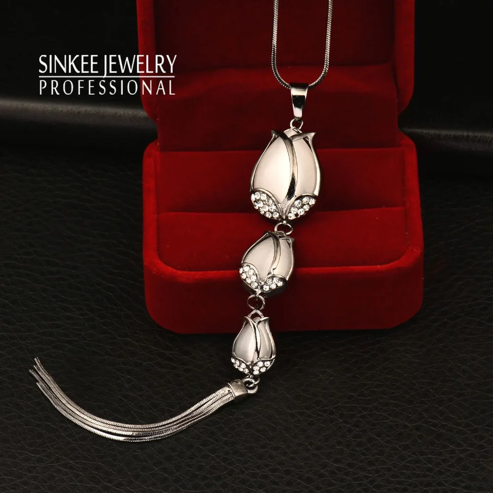 Sexy Vintage 3 Opal Tulip Flower Long Pendant Tassel Necklace Chain For Women Black Chain High