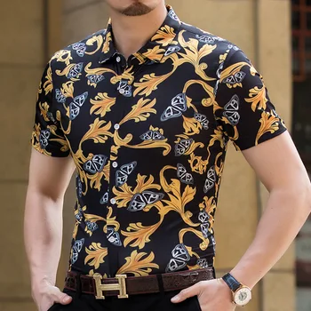 

Men's Shirt Streetwear Short Sleeves Shirt Vintage Floral Mercerized Cotton Summer Fashion Men Casual Shirts 2019 New BLUE