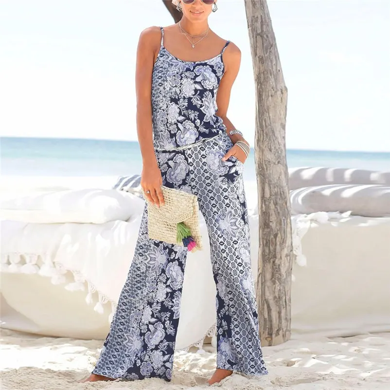 Womens Lady Strappy Floral Sling Long Trouser Playsuits