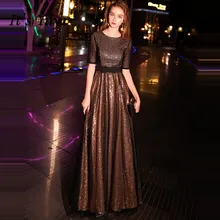 Вечернее платье Bling Черное золото It's YiiYa, до пола на молнии, O-образным вырезом, А-силуэта Модные вечерние платья, TR025,Лето