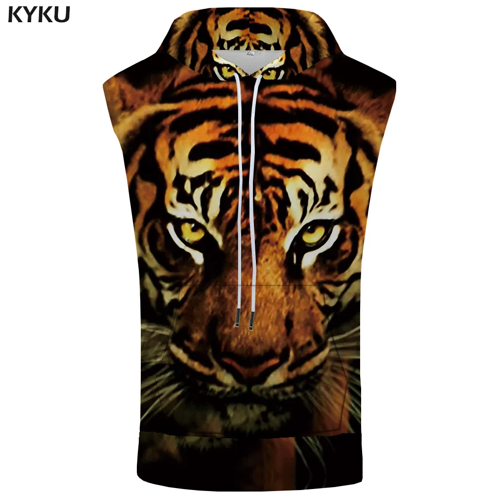 KYKU Tiger Sleeveless Hoodie Men Funny Singlets Animal Stringer Hooded