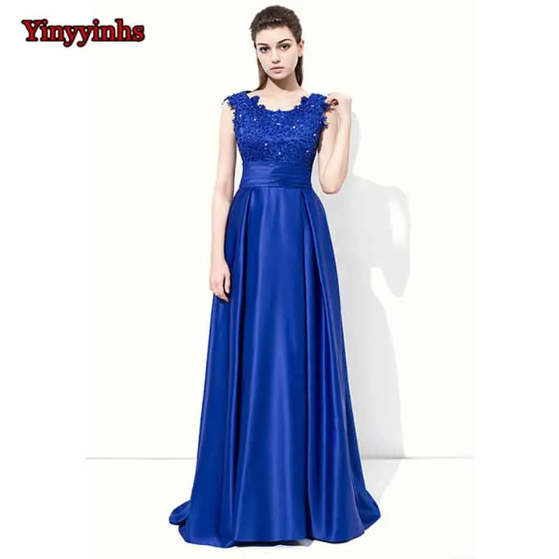 Yinyyinhs Vintage Royal Blue Evening Dress Beaded Lace Appliques Long