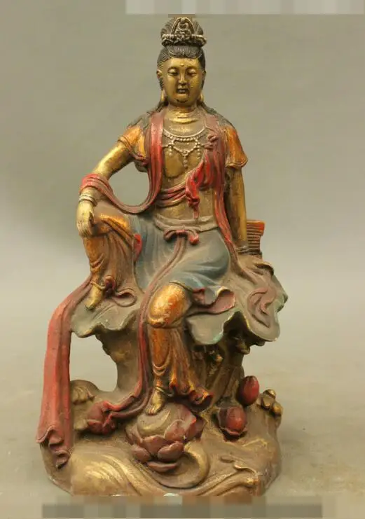 

S03321 9" Chinese Buddhism Bronze Painting Lotus Goddess Kwan-Yin GuanYin Statue B0403