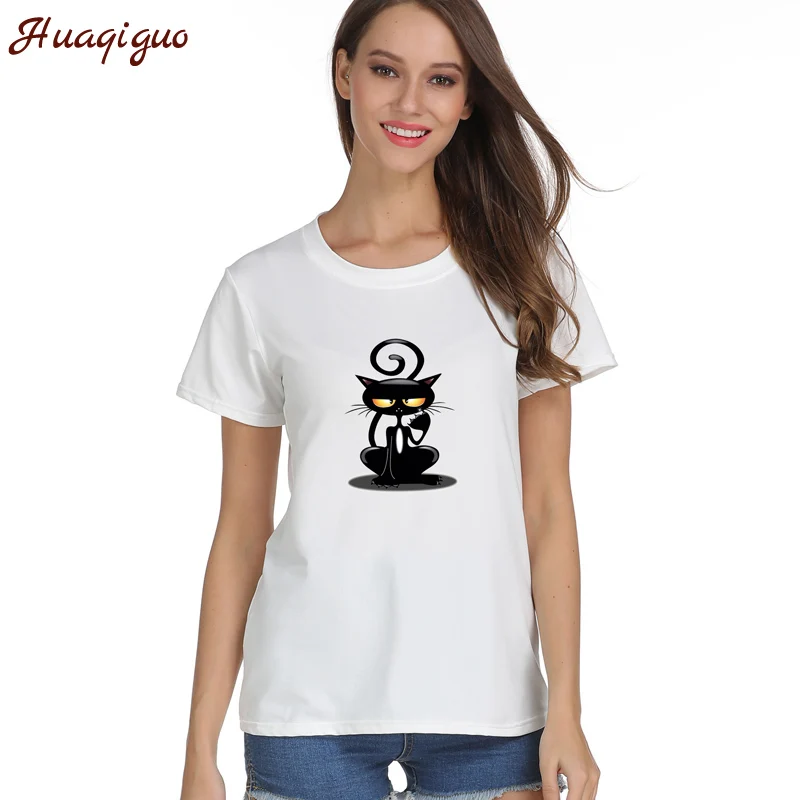 Модная Harajuku Kawaii черная футболка с принтом кота простая забавная женские топы