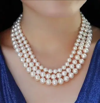 

triple strands 8-10mm round Akoya white pearl necklace18-20inch silver KKK