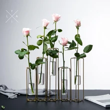 High Quality Ins Fashion Geometric Hydroponics Plants Glasss Bottle Metal Stand Combination Flower Vase Desktop Decorative Vase