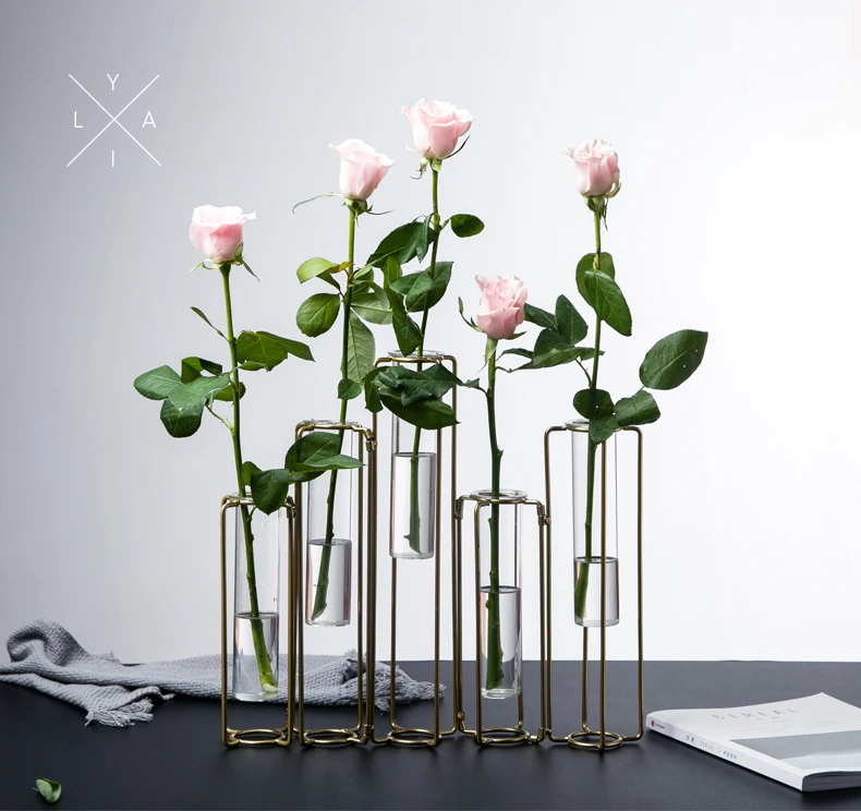 

High Quality Ins Fashion Geometric Hydroponics Plants Glasss Bottle Metal Stand Combination Flower Vase Desktop Decorative Vase